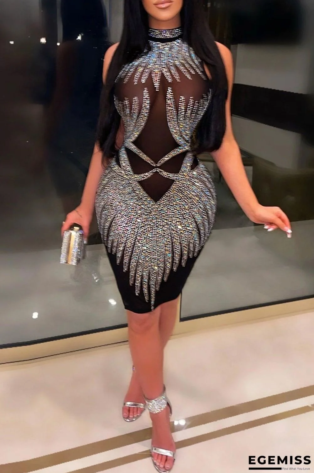 Black Fashion Sexy Patchwork Hot Drilling See-through Half A Turtleneck Sleeveless Dress | EGEMISS