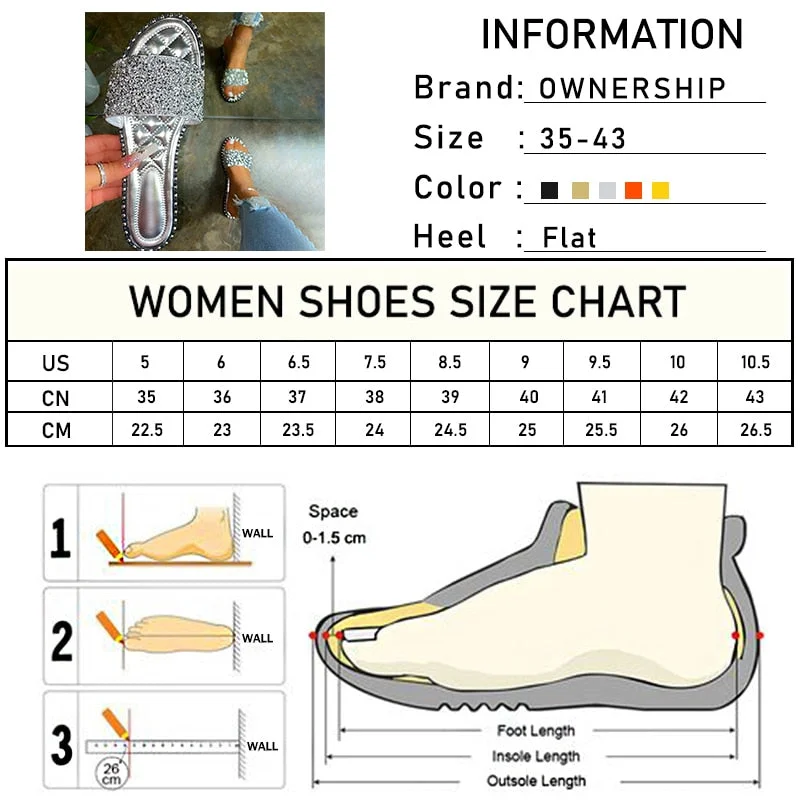 Back to college Women Crystal Slippers Ladies Bling Flats Female Fashion Outdoor Beach Shoes Female Footwear Women Summer Slides Plus Size 35-43