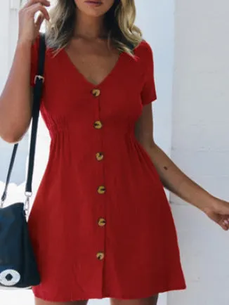 Uveng Street Hipster Solid Color V-neck Slim-fit Button High Waist Dress