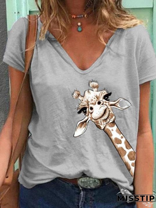 Women Simple Animal Printed V Neck Short Sleeve Tops