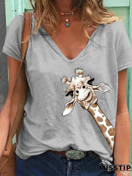 Women Simple Animal Printed V Neck Short Sleeve Tops