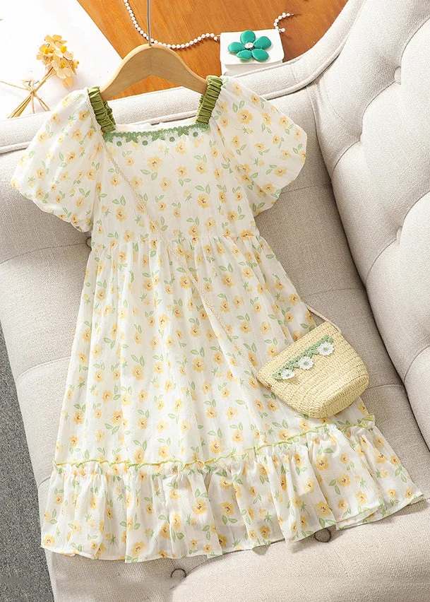 Elegant Green Square Collar Print Cotton Girls Dress Summer