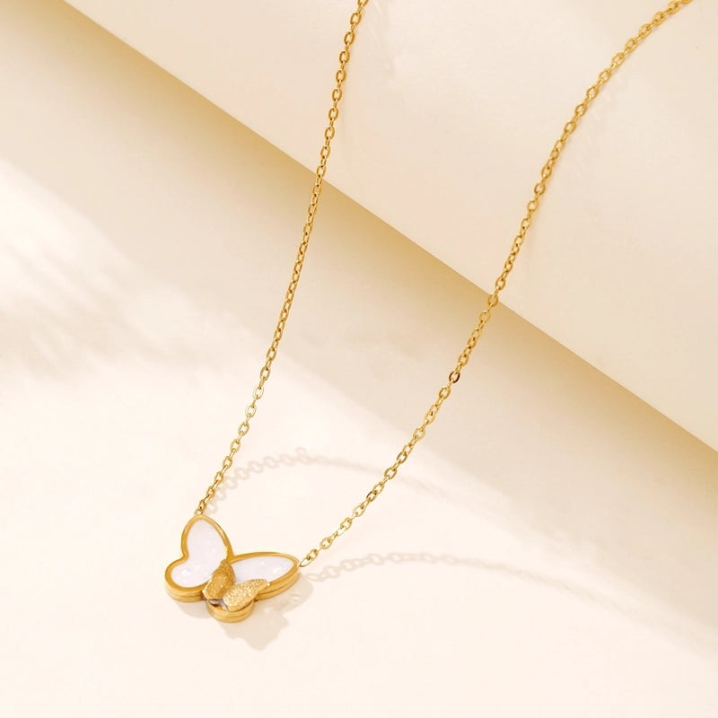 Sweet Butterfly 304 Stainless Steel Shell Inlay Pendant Necklace