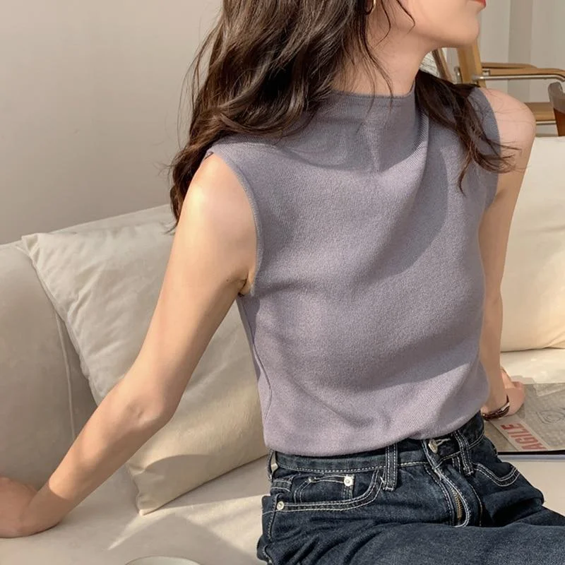 Knitted Top Summer Turtleneck Tank top Women camisole Blouse Sleeveless Slim Top Female sleveless t-shirt Vest Casual Camis