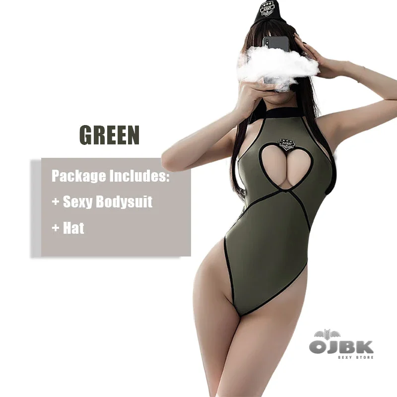 Billionm One Piece Sexy Turtleneck Cut Out Open Front Bodysuit Sleeveless Green Backless Jumpsuit Erotic Cosplay Lingerie For Women 2021