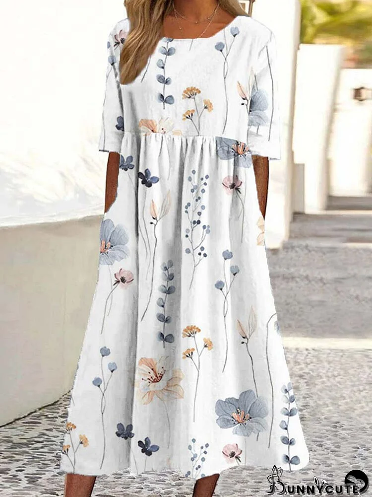 Women Floral Plant Print Crew Neck Half Sleeve Dress