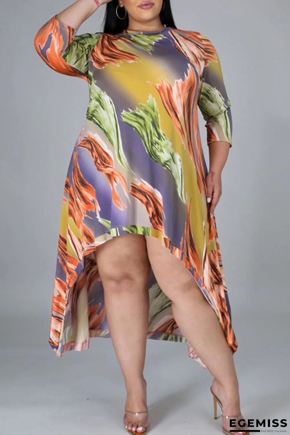 Deep Coffee Casual Print Patchwork Asymmetrical O Neck Irregular Dress Plus Size Dresses | EGEMISS