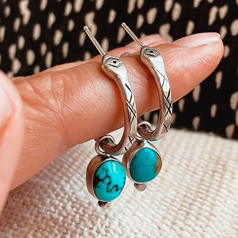 Vintage Silver Color Green Stone Snake Hoops Huggie Dangle Earrings For Women Drop Earring Fashion Wedding Jewelry