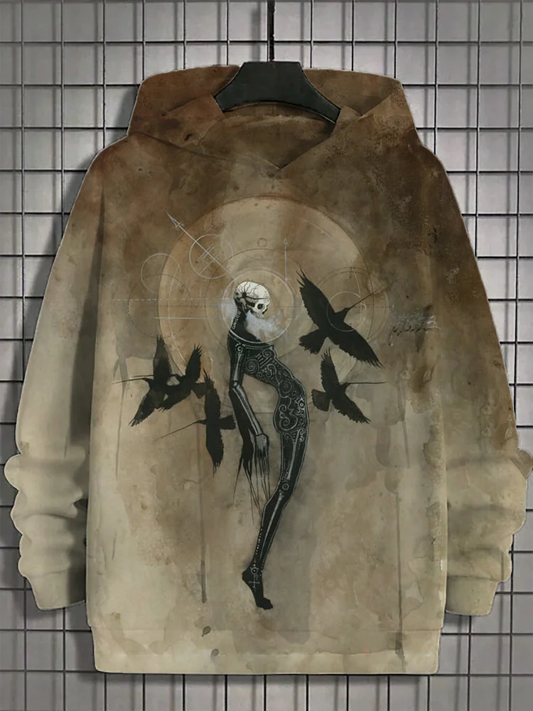 Men's Retro Skeleton Birds Art Print Casual Hoodie