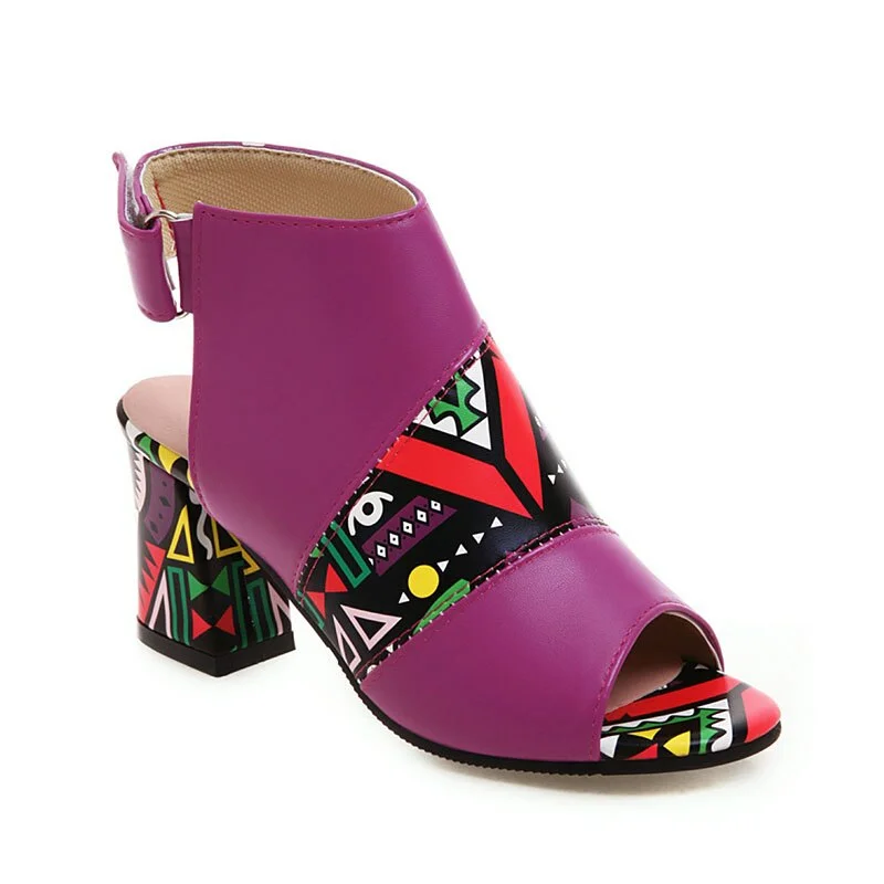 Qengg geometric printed gladiator sandals women peep toe mixed colors high heels hook & loop closure african shoes 2020 FT726