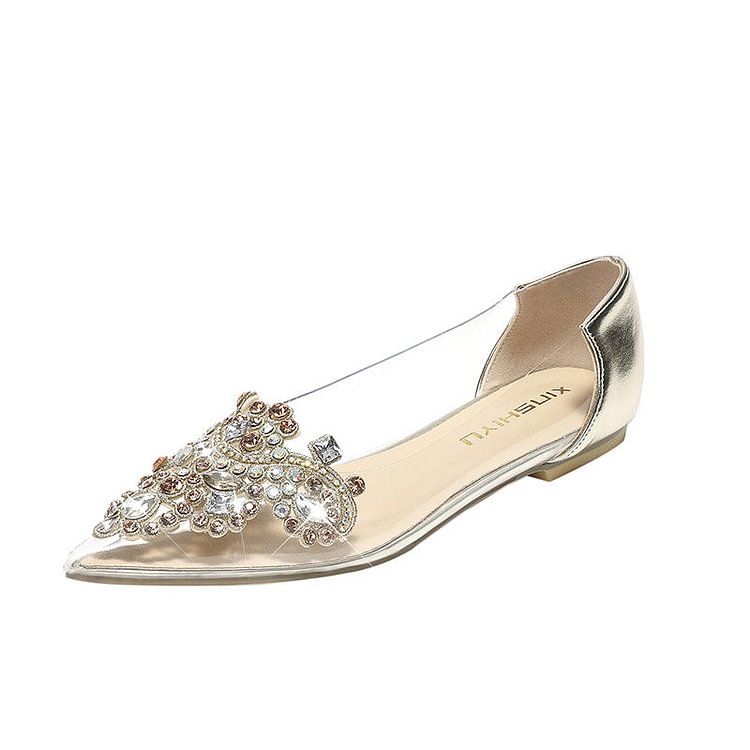 French pointed rhinestone flat shoes Baotou transparent thick shoes QueenFunky