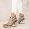 Women's Retro Embroidered Crystal Transparent High Heel Marten Boots Shoes