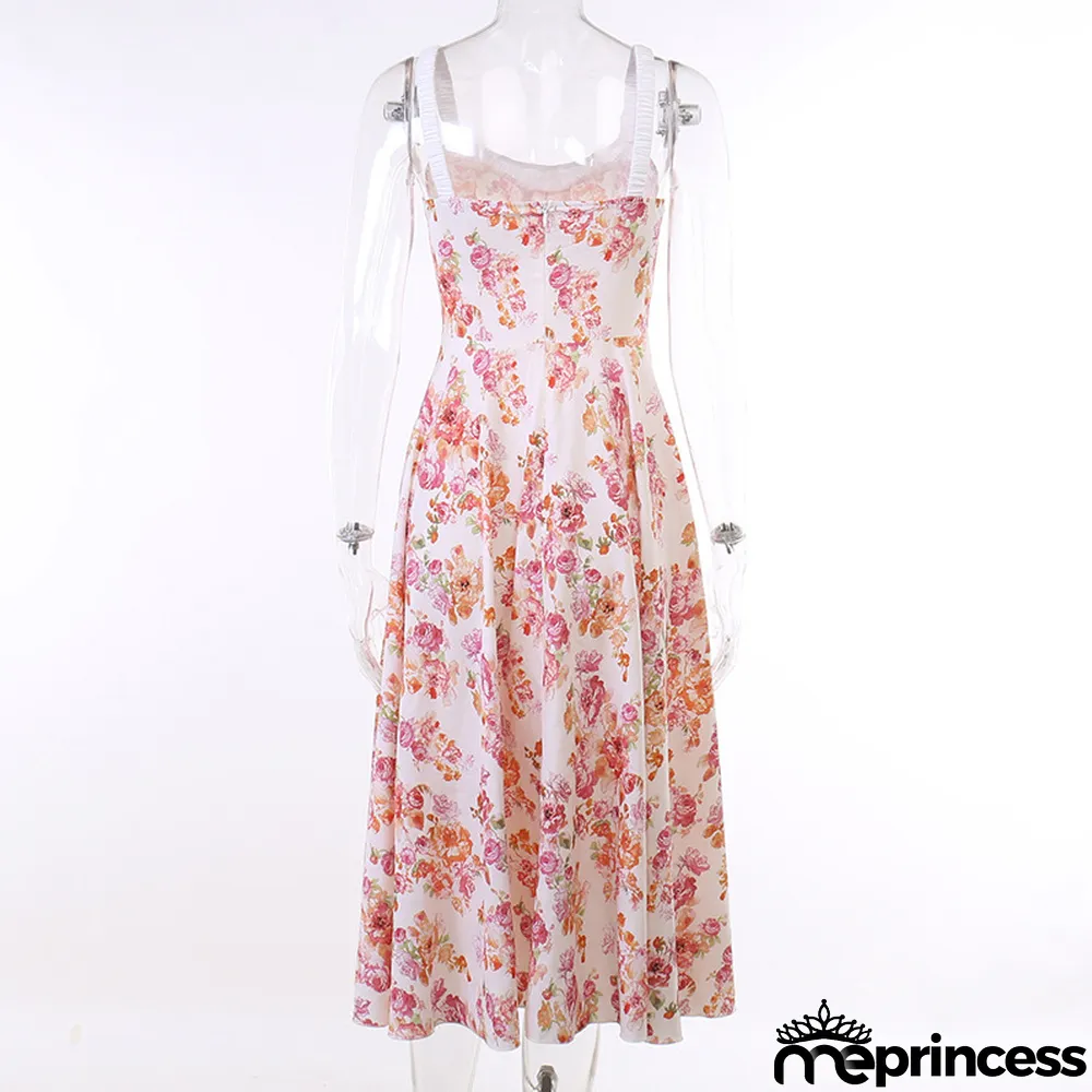 Straps Sexy Slit Floral Dress Women Summer Chic Slim Waist Slim Fit Long Dress