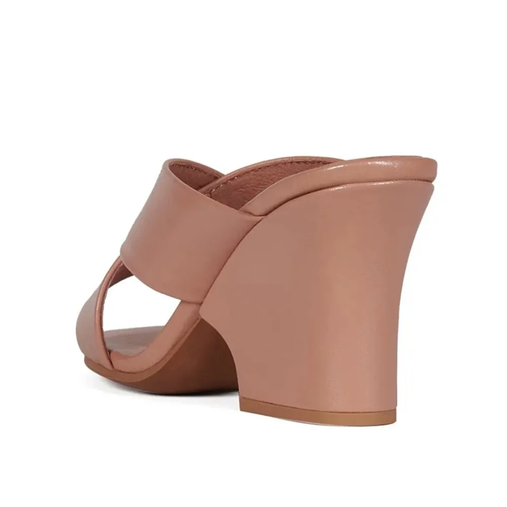 Blush Cross Strap Round Toe Block High Heeled Mules for Women