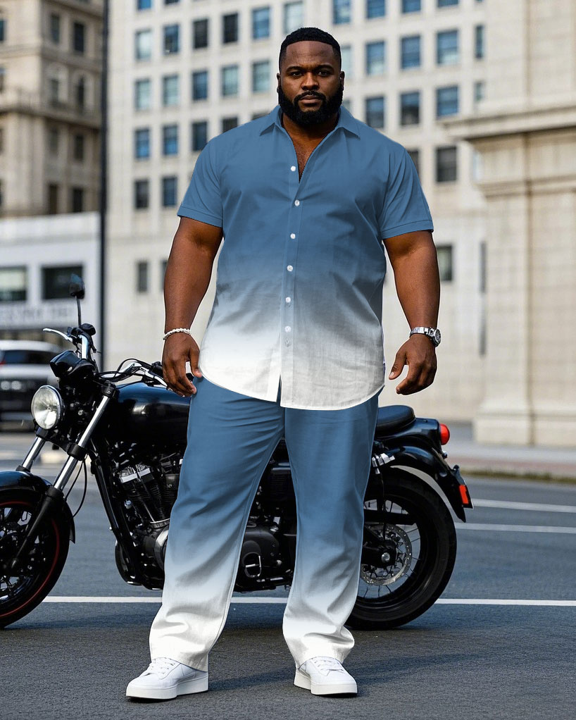 Men's Plus Size Fashion Fog Blue & White Gradient Short Sleeve Shirt Pants Suit