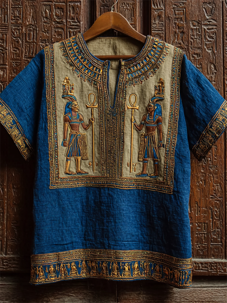 Comstylish Ancient Egyptian Gods Ethnic Embroidered Linen Shirt