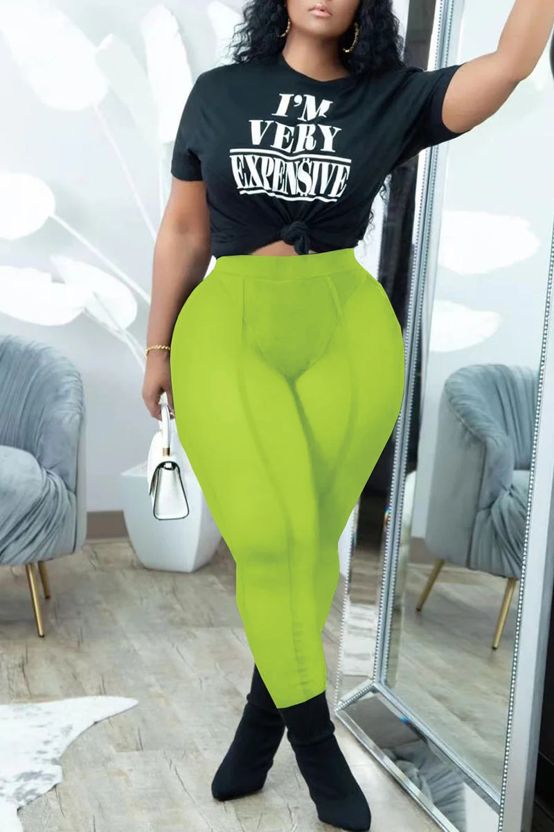 Fashion Casual Letter Print See-through Pants O Neck Short Sleeve Two Pieces