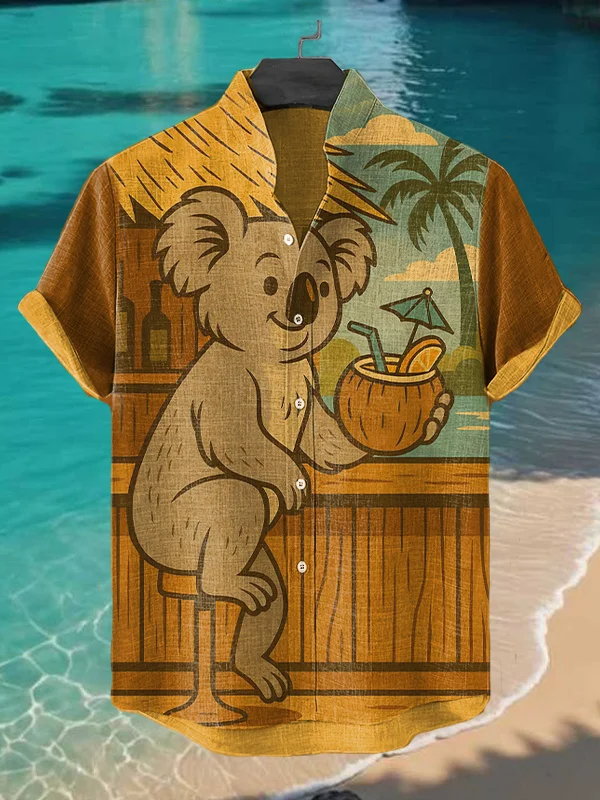 Men's Koala And Coconut Juice Printed Short Sleeve Shirt