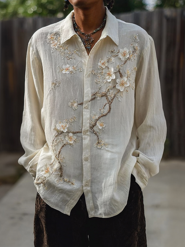 Men's Japanese Cherry Blossom Embroidery Linen Blouse  artssus