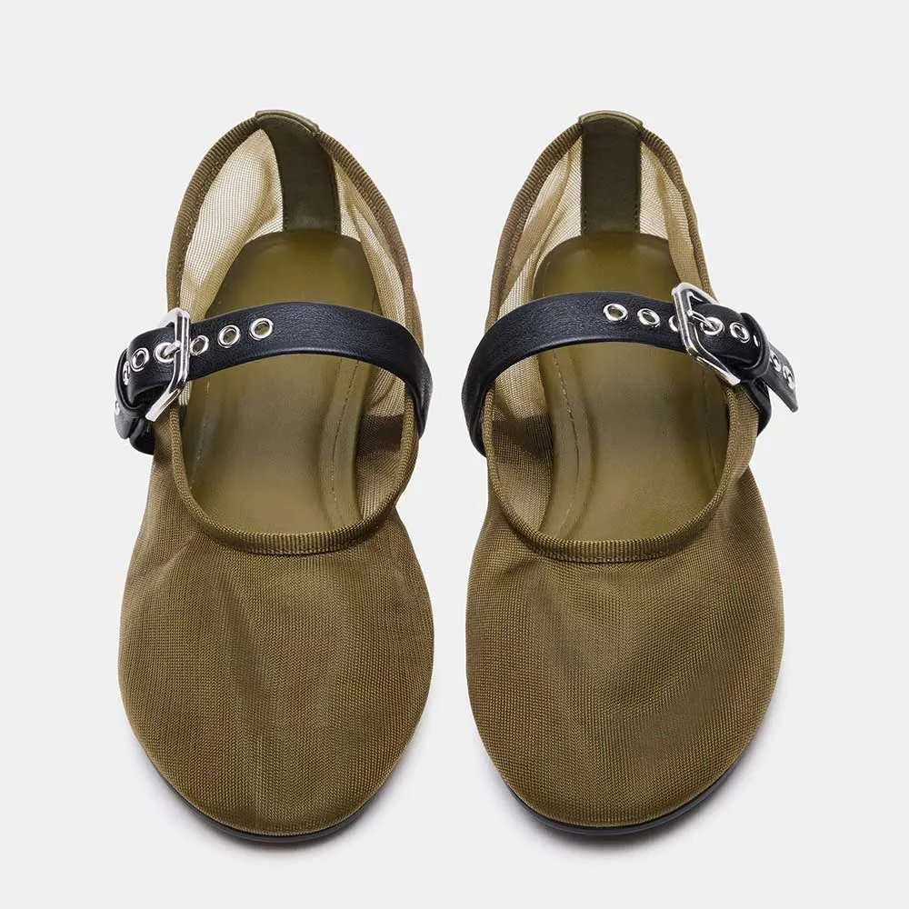 Olive Mesh Round Toe Flat Women's Mary Jane Shoes with Buckle