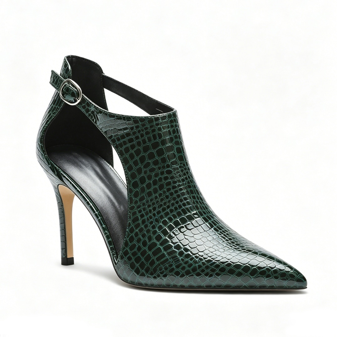 90mm Women's Croc Patent Side Cutout Ankle Boots Pointed Toe Stiletto Heel Back Buckle Dress Heels-MERUMOTE