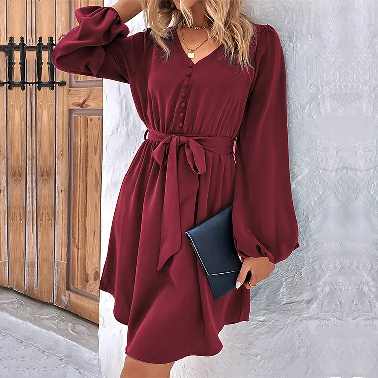 V Neck Puff Sleeve Slit Hem Mini Dress