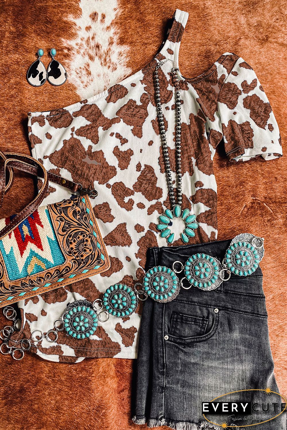 Brown One Shoulder Cow Print Cut out Short Sleeve Top