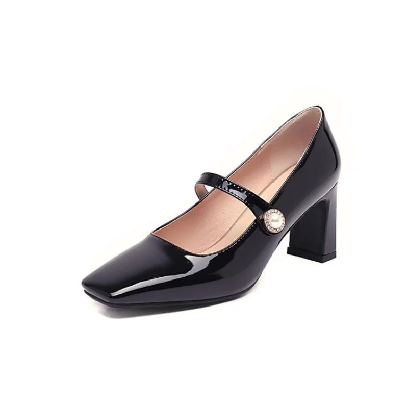Novameme Women's Square Toe Fashion One Strap Buckle Mary Jane Thick Heel High Heels Women's Shoes