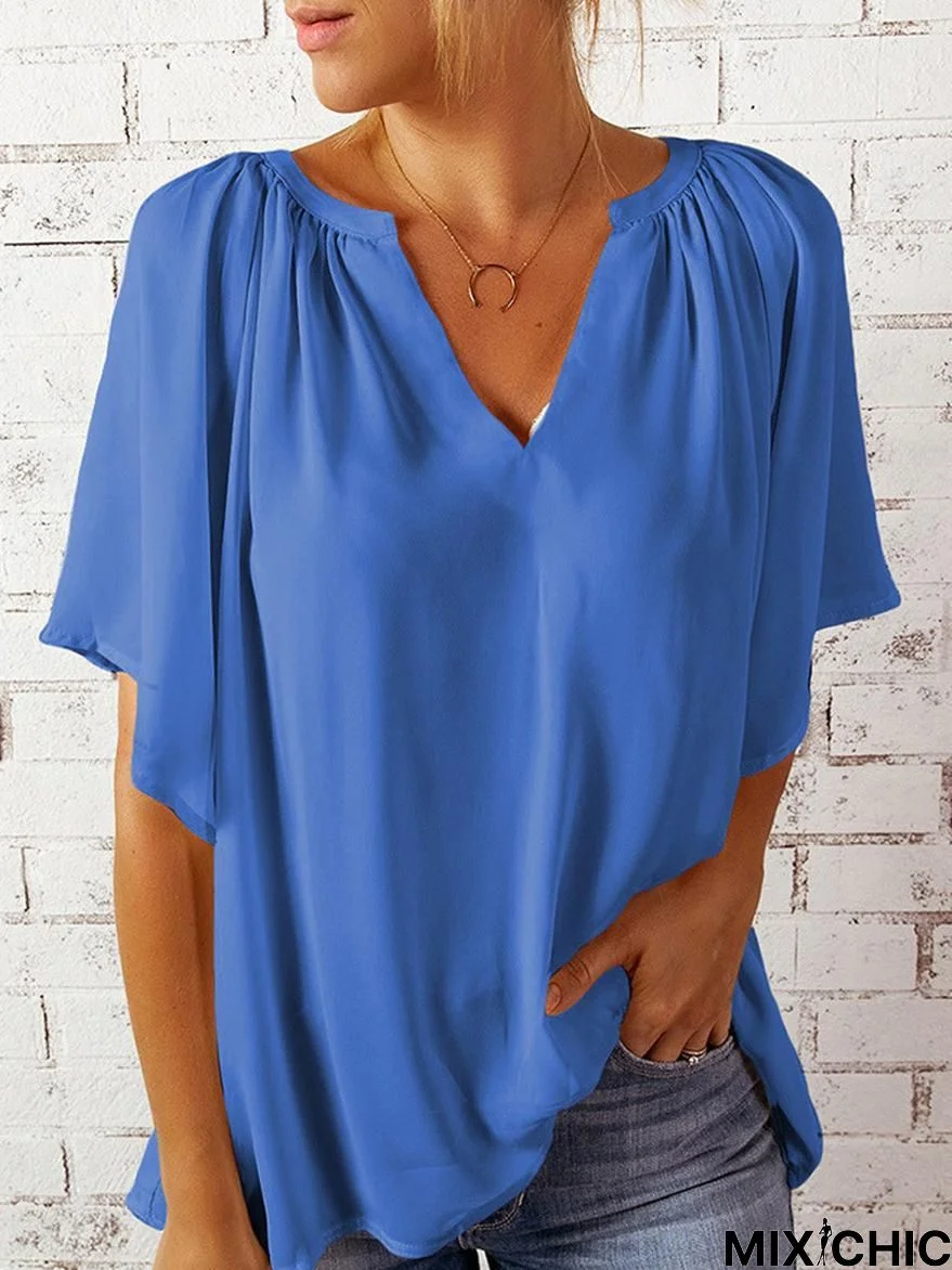 V-Neck Casual Loose Solid Color Short-Sleeved Blouse