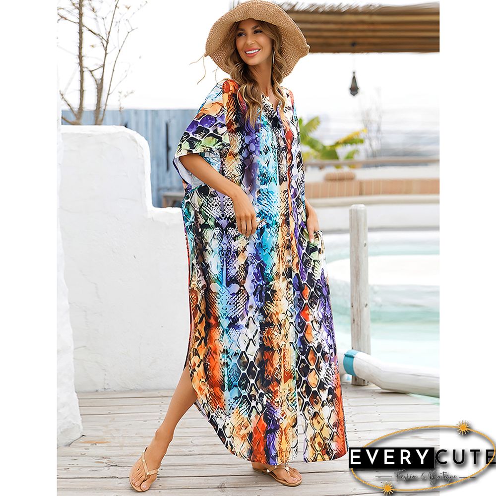 Orange Button-down Holiday Beach Kimono Dress with Pocket