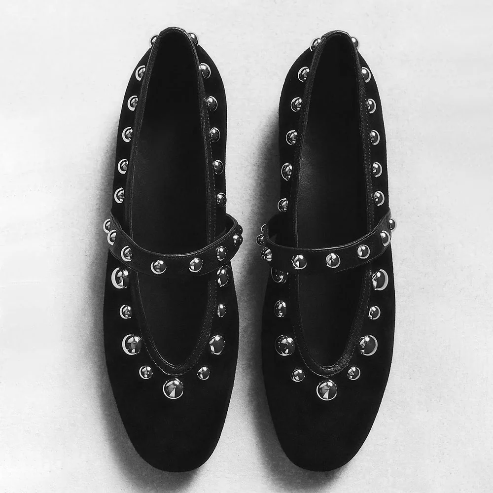 Classic Black Vegan Suede Round Toe Mary Jane Flats with Studded