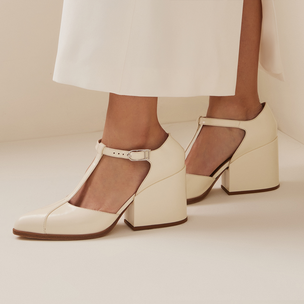 White Pointed Toe Chunky Heel T-Strap Pumps Nicepairs