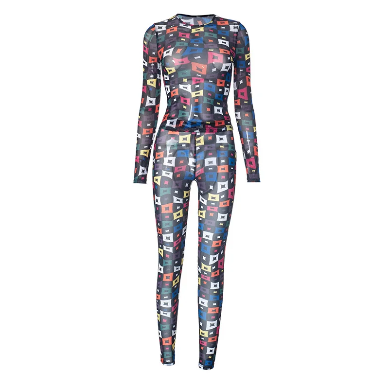 Uveng Uveng Women's Autumn And Winter Round Collar Collar Color Pattern Printing Mesh Yarn Perspective Tight Suit