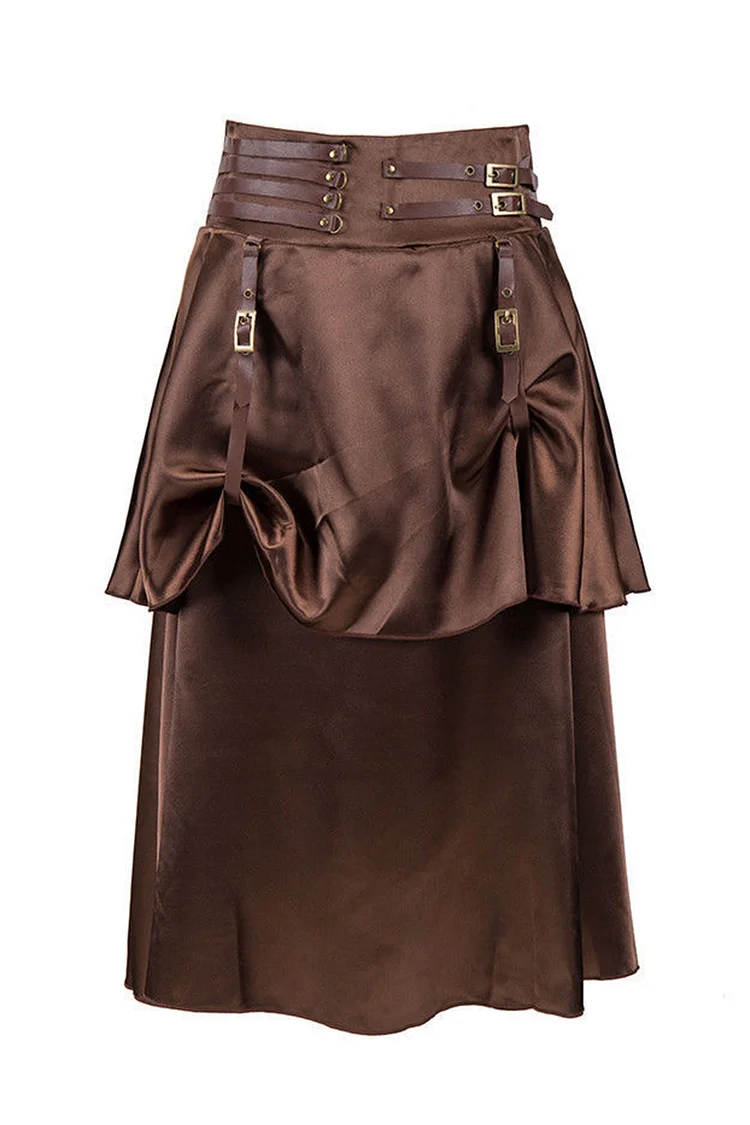 Medieval Brown Party Satin Ruched Studded Grommet Buckle Strap Irregular Skirt