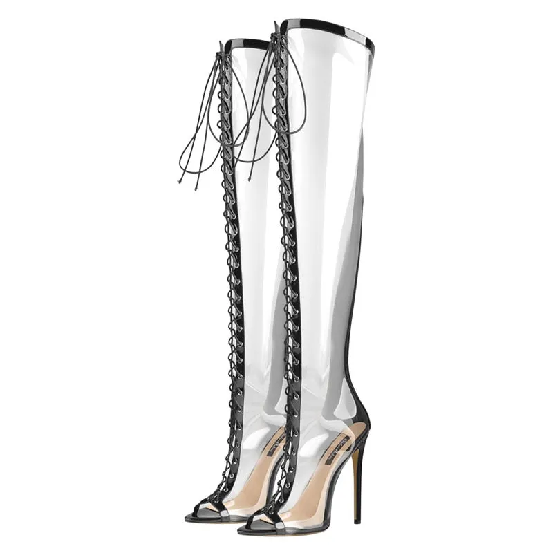 Onlymaker Women Peep Toe Stiletto 12CM High Heels Transparent PVC Above-The-Knee Lace Up Party Fashion Show Shoes