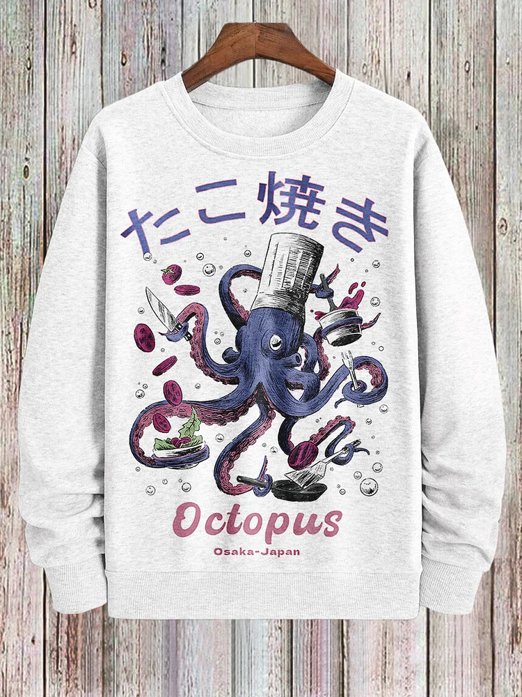 Men's Osaka Japan Octopus Cooking Print Cotton Casual Sweatshirt