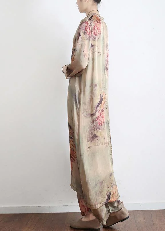 2021 Spring Loose Print Silk Satin Split Long Sleeve Shirt + Wide Leg Pants