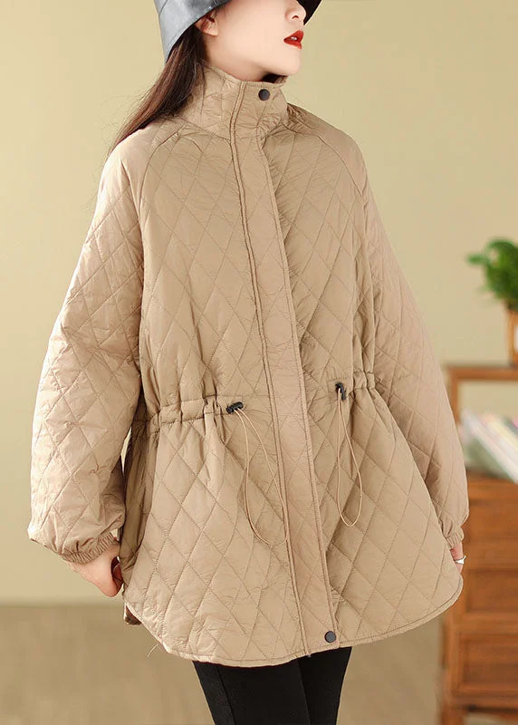 Fashion Khaki Stand Collar Drawstring Zippered Pockets Solid Parkas Coats Winter