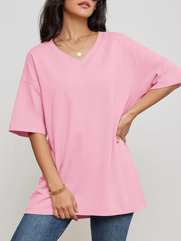 Split-Joint Solid Color Short Sleeves V-Neck T-Shirts