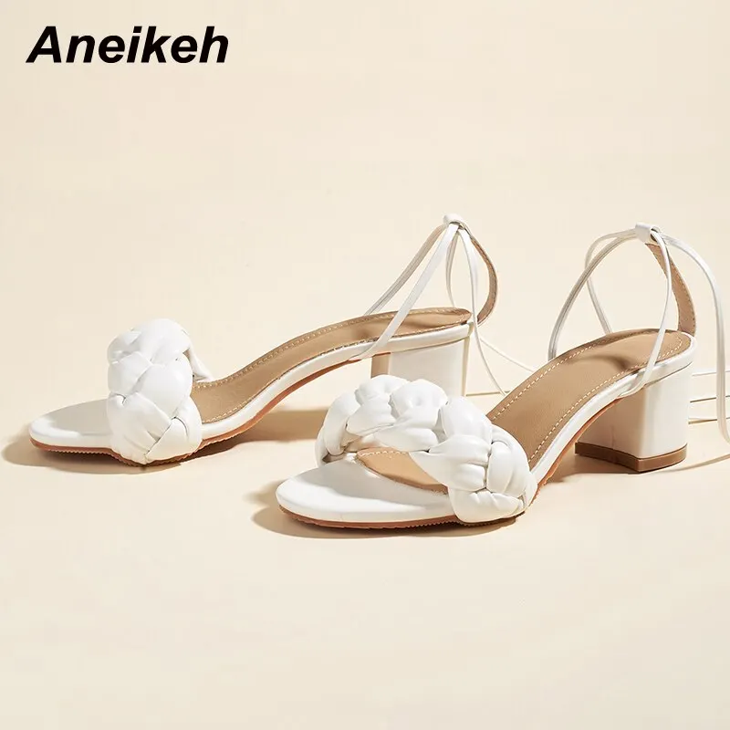 Aneikeh Sweet Women Shoes PU Fashion Sexy Square Heels Sandals 2021 Summer Elegant Party Cross-Tied Gladiator Lace-Up Checkered