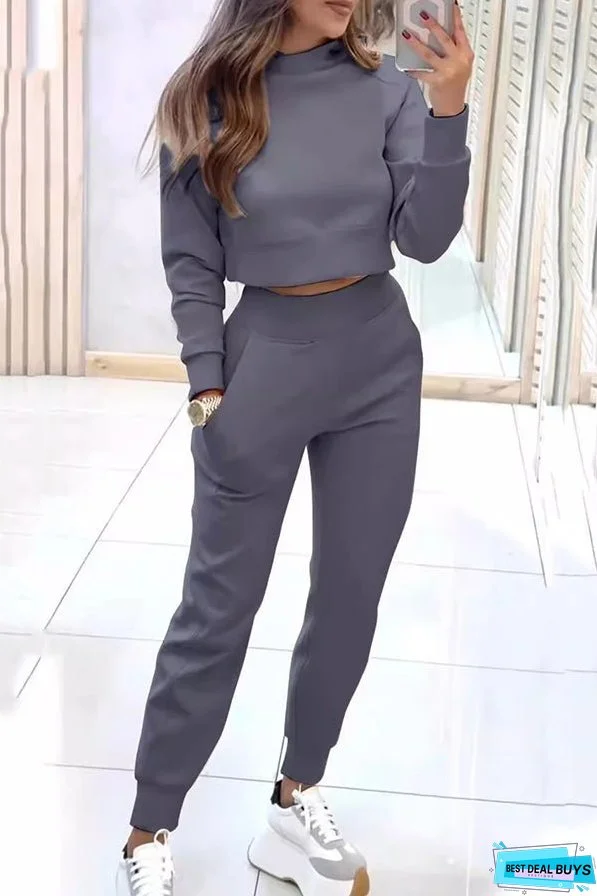 Solid Color Loose Long Sleeve Crop Top and Elastic Waist Pocket Casual Pants Set