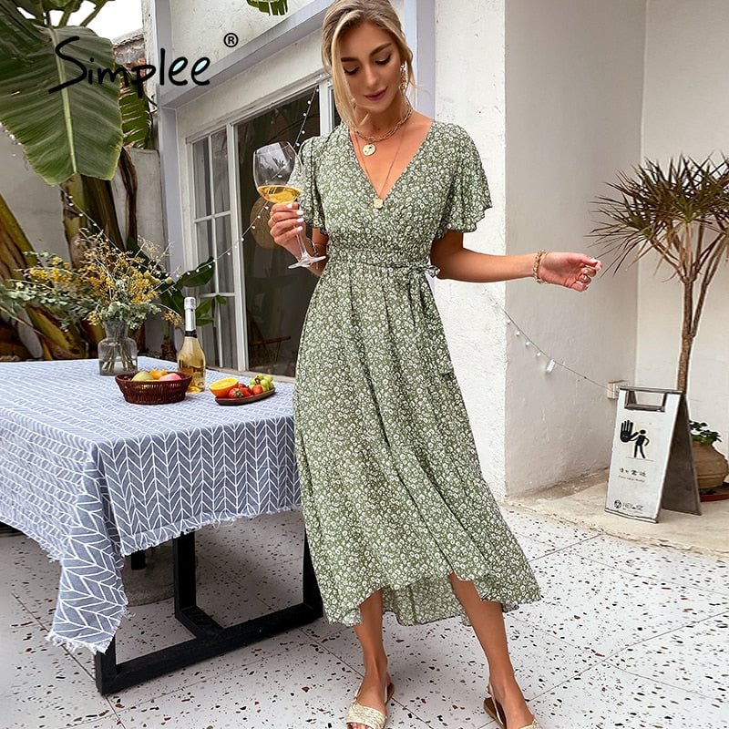 Simplee Casual Green Print Women Dress Summer Beach Lace-up Flared Sleeve Maxi Dresses Sexy Party Deep V-neck Floral Vestidos