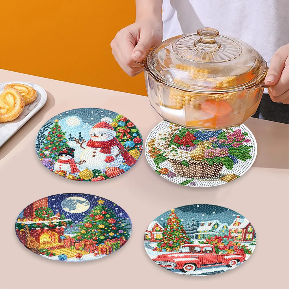 5D DIY 4pcs Christmas Acrylic Diamond Painting Placemats DIY Diamond Dot Kits for Tabletop