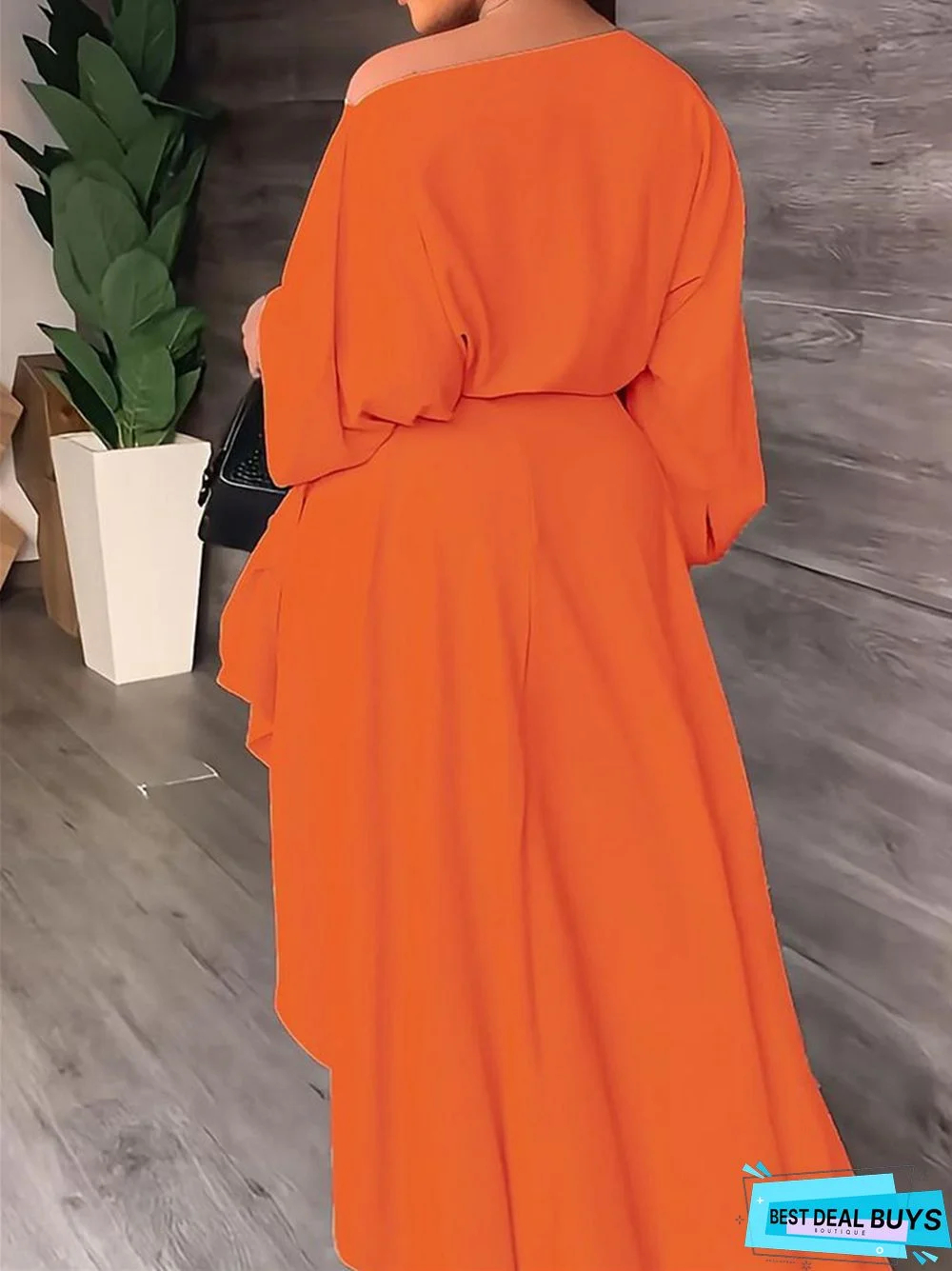 Solid Color Long sleeved Irregular Dress with Slanted Shoulders