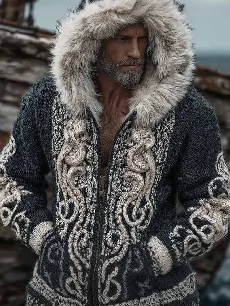 Vintage Viking Sailing Style Compass Octopus Element Men's Hooded Sweater Coat