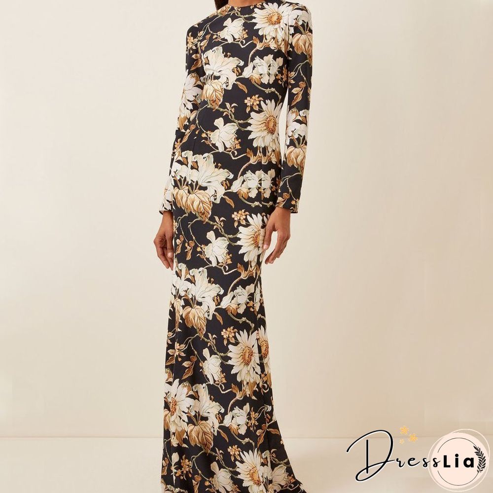Slim Black Silky Flower Printed Straight Full Length Dress