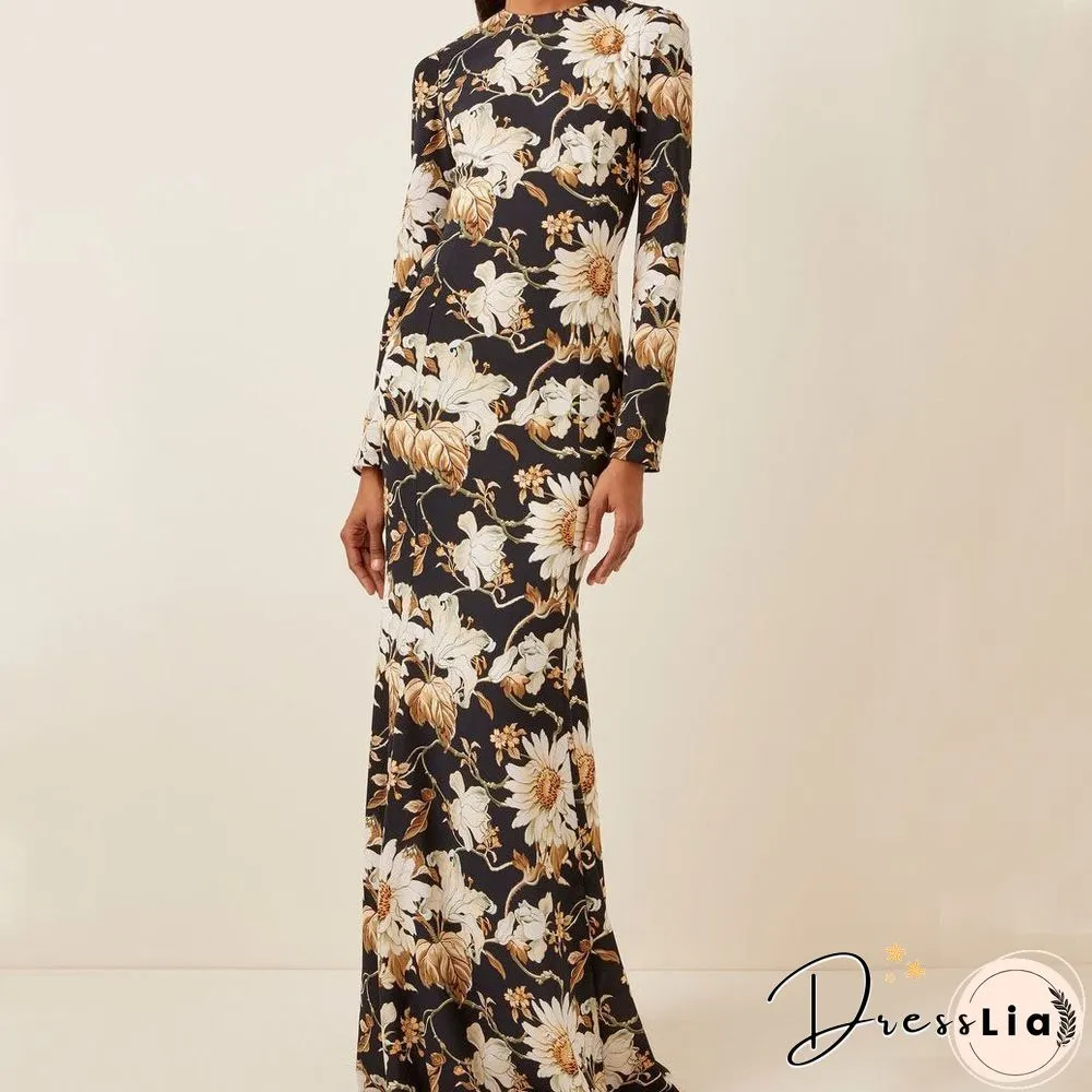 Slim Black Silky Flower Printed Straight Full Length Dress
