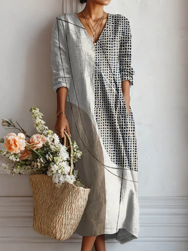 Women's Geometric Pattern Art Print Casual Cotton Linen Pocket Dress