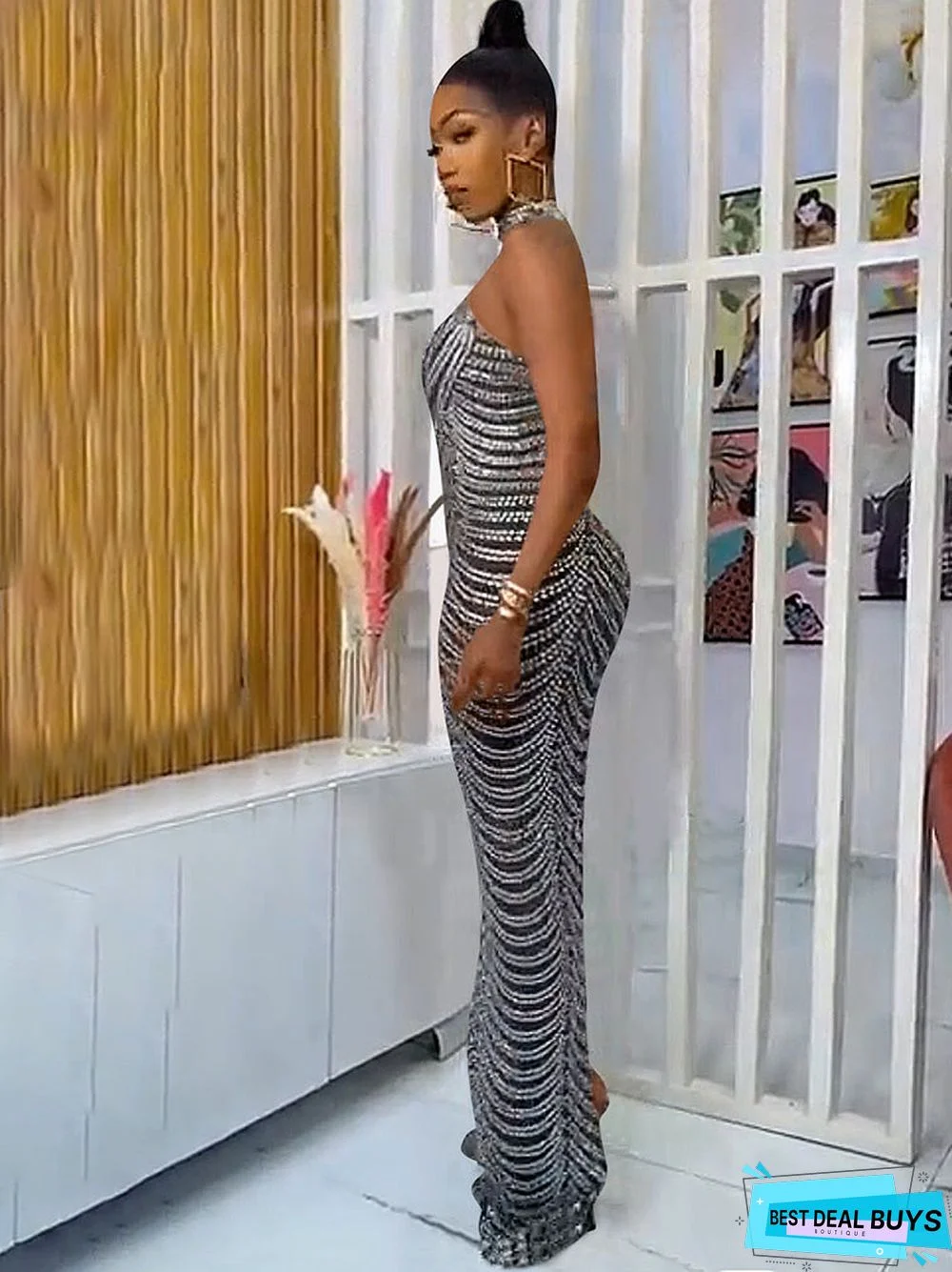 Sleeveless Mock Neck Backless Rhinestone Maxi Dresses