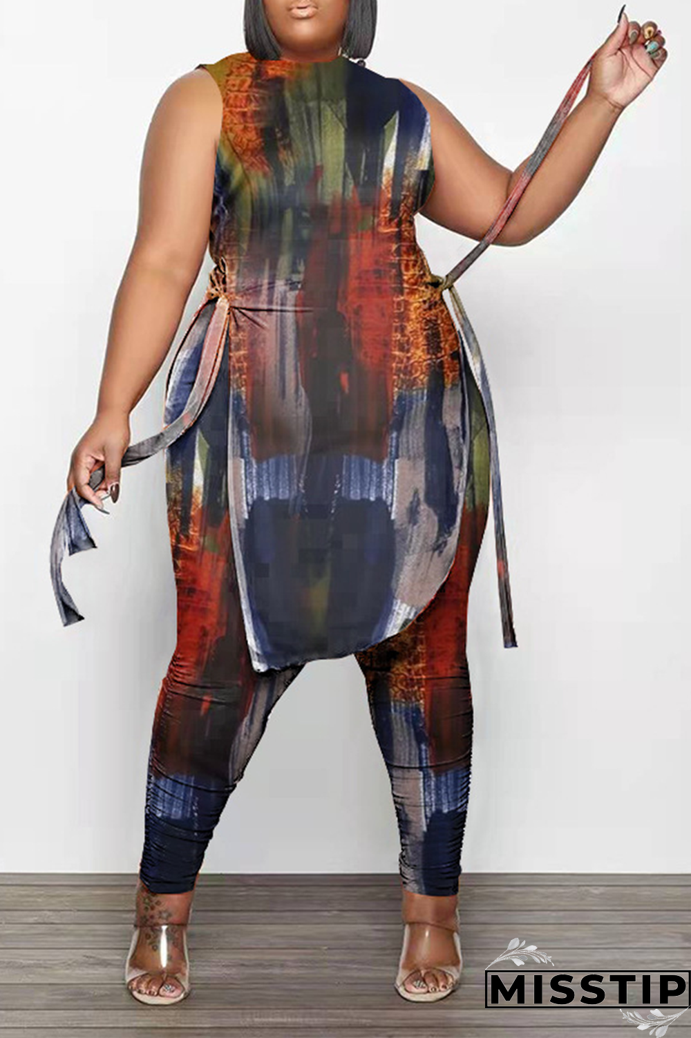 Black White Fashion Print Draw String O Neck Plus Size Two Pieces